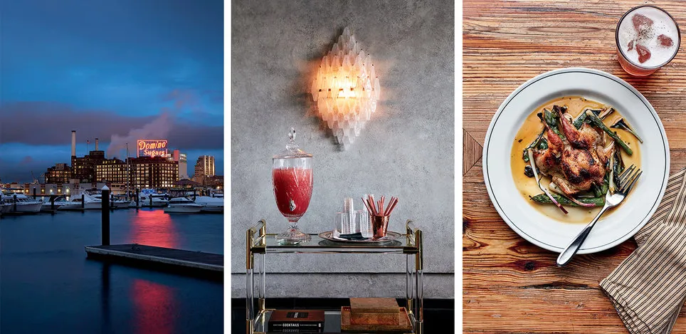 From left: The Domino Sugar Plant, in Inner Harbor, has been in operation for 97 years; a bar cart of complimentary refreshments at the Sagamore Pendry Baltimore; quail with asparagus at Woodberry Kitchen.