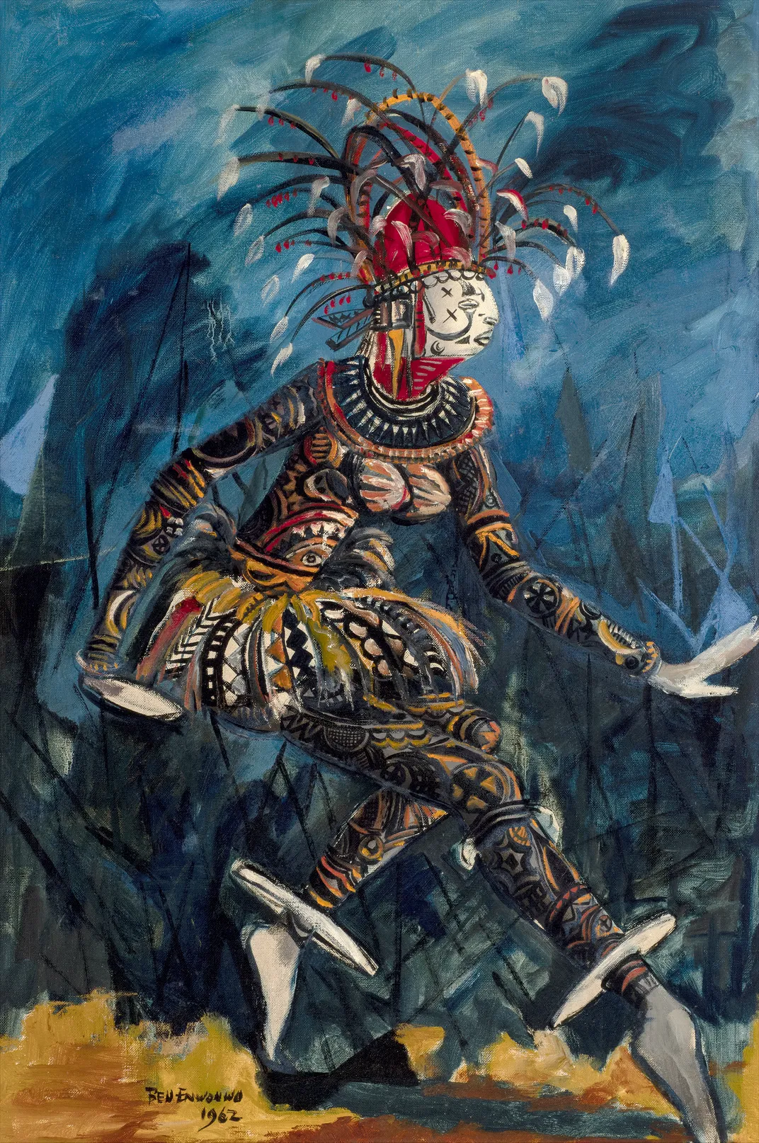 Figure dances against blue background