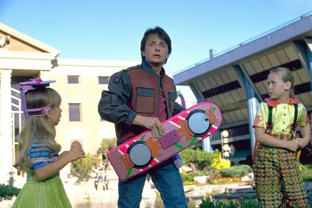 Michael J. Fox as Marty McFly, holding the Mattel Hoverboard in a scene from Back to the Future II