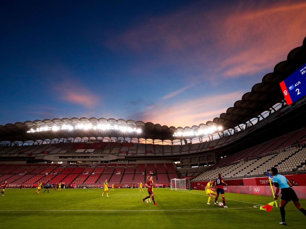 General sunset view of Kashima Stadium during the Olympic football bronze medal match between United States and Australia at Kashima Stadium on August 05, 2021