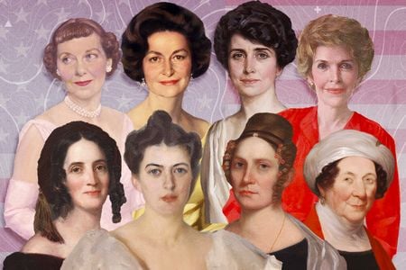 A new exhibition "Every Eye Is Upon Me: First Ladies of the United States" is on view at the National Portrait Gallery; clockwise from top left: Mamie Eisenhower, Lady Bird Johnson, Grace Coolidge, Nancy Reagan, Dolley Madison, Abigail Fillmore, Frances Cleveland and Sarah Polk. 