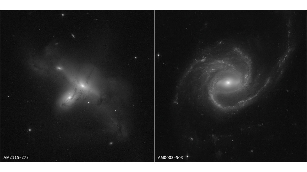 Pictured left: ARP-MADORE2115-273 is a rarely observed example of a pair of interacting galaxies in the southern hemisphere. Pictured right: ARP-MADORE0002-503 is a large spiral galaxy with unusual, extended spiral arms.