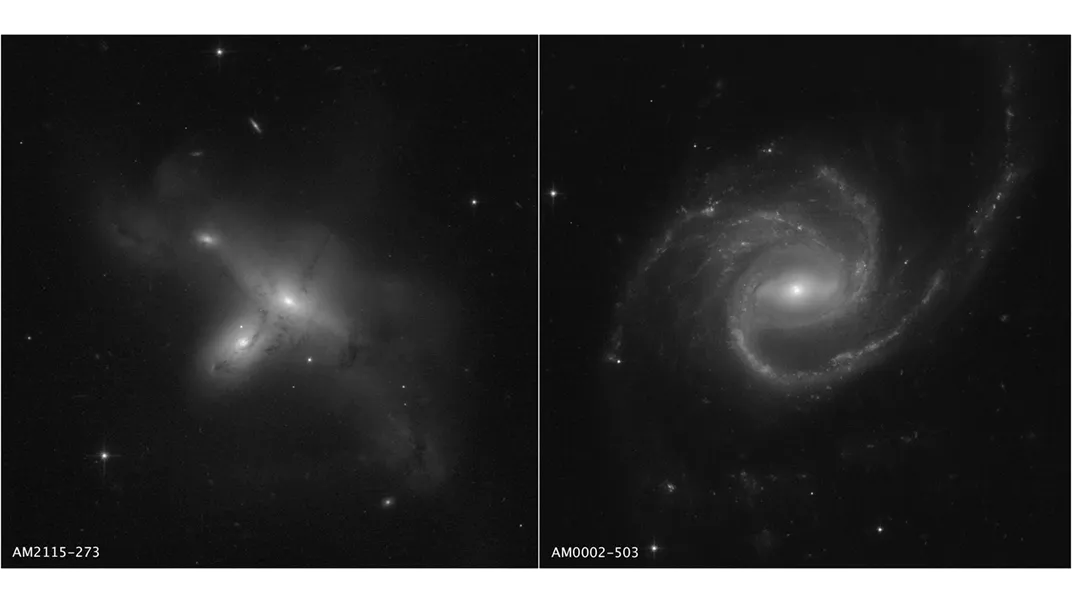 Pictured left: ARP-MADORE2115-273 is a rarely observed example of a pair of interacting galaxies in the southern hemisphere. Pictured right: ARP-MADORE0002-503 is a large spiral galaxy with unusual, extended spiral arms.