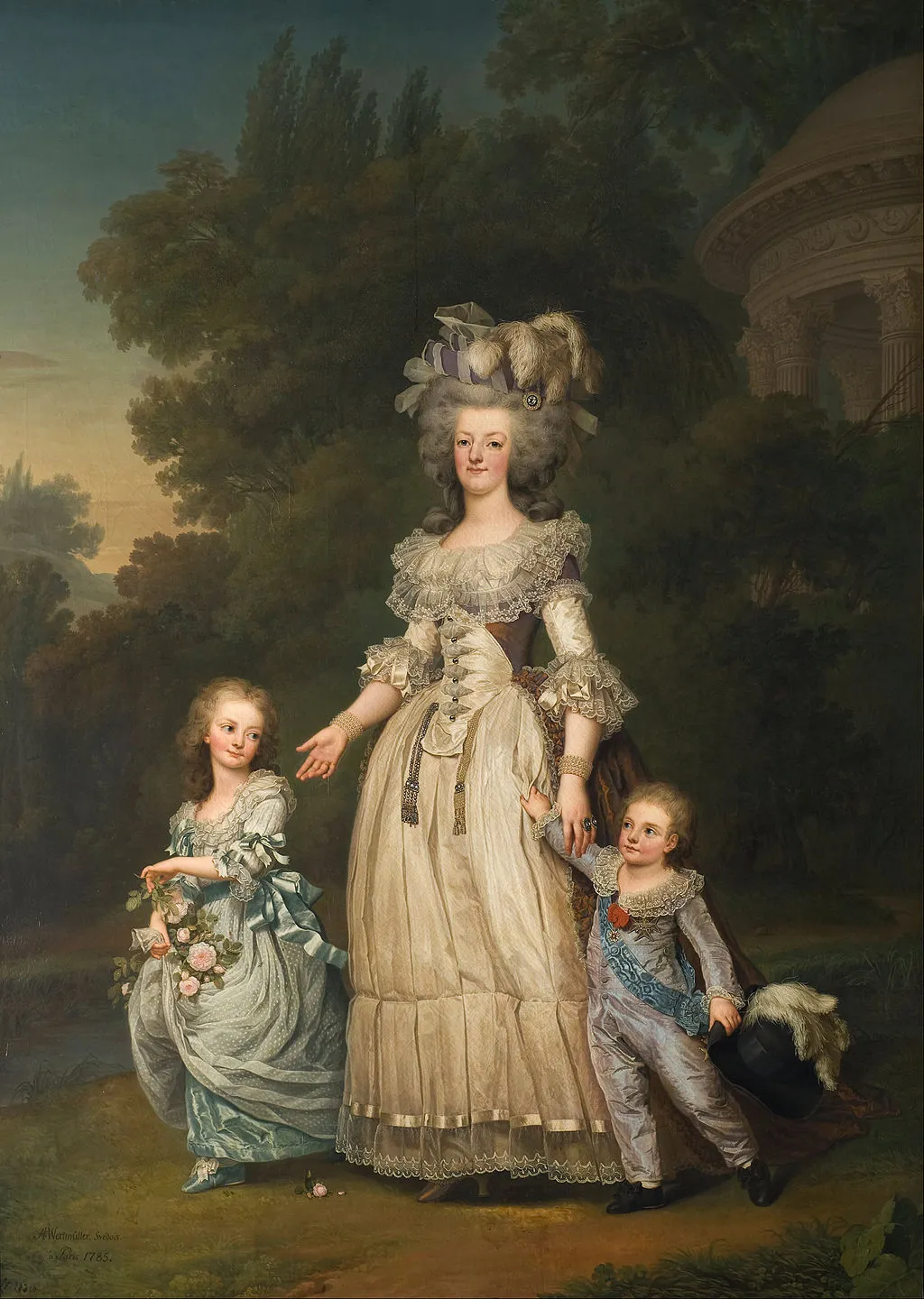 A 1785 portrait of Marie Antoinette and two of her children walking on the grounds of Petit Trianon