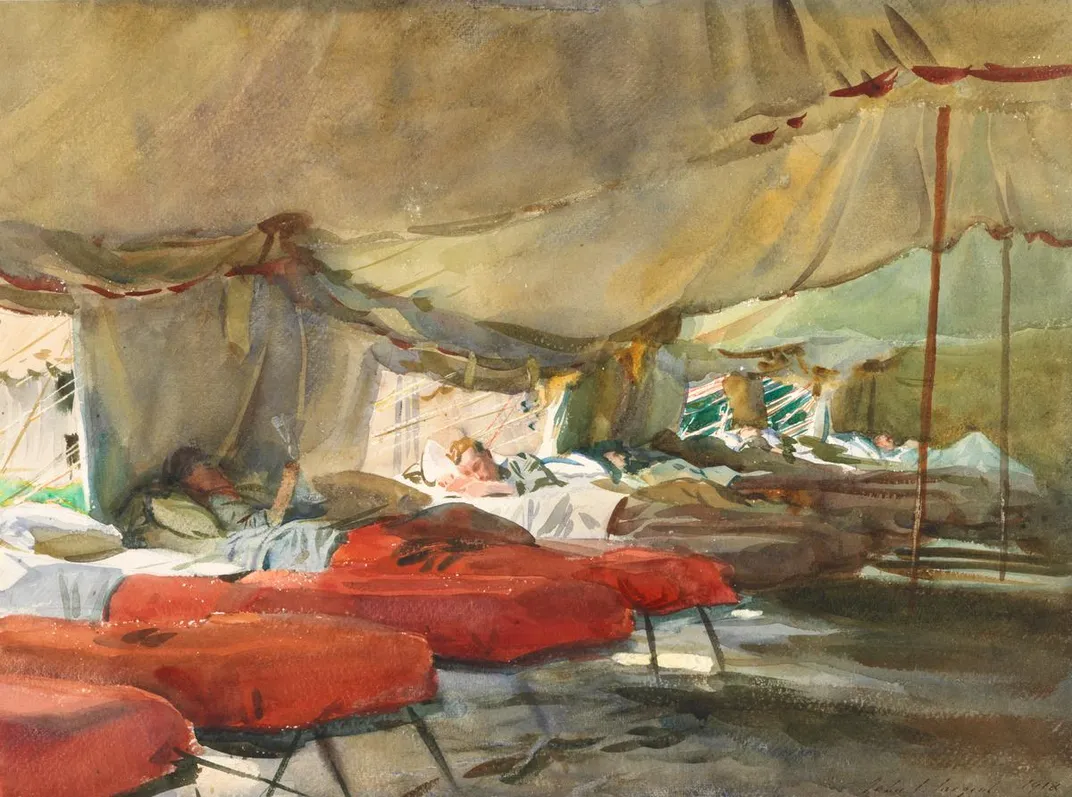 painting of men in red hospital beds