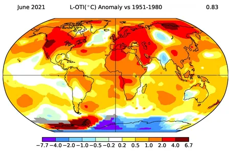 This map shows how land and ocean temperatures have changed from June 2021 relative to the 1951-1980 base period. High values (darker red colors) indicate temperatures that are higher than those in the base period. The number in the top right is an estimate of the global mean temperature increase. All temperatures are in Celsius. 