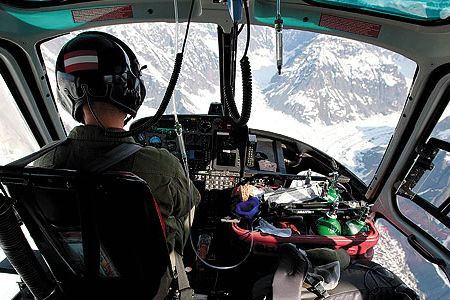 Alaska’s Denali National Park and Preserve fills the windows of an AStar B3 helicopter en route to base camp.