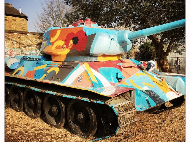 At the world's largest arms fair held every two years in London, a group of artists in 2016 organized the "Art the Arms Fair," to voice opposition to the war industry and the international arms trade (above: Pattern Tank by Tristan Oliver, 2019).