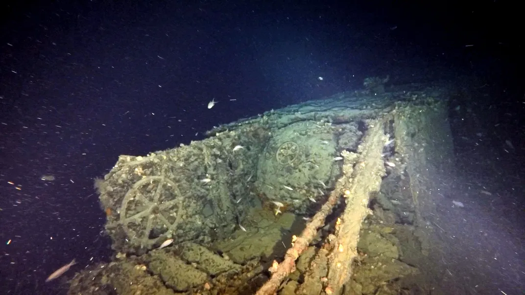 Submarine wreckage under water