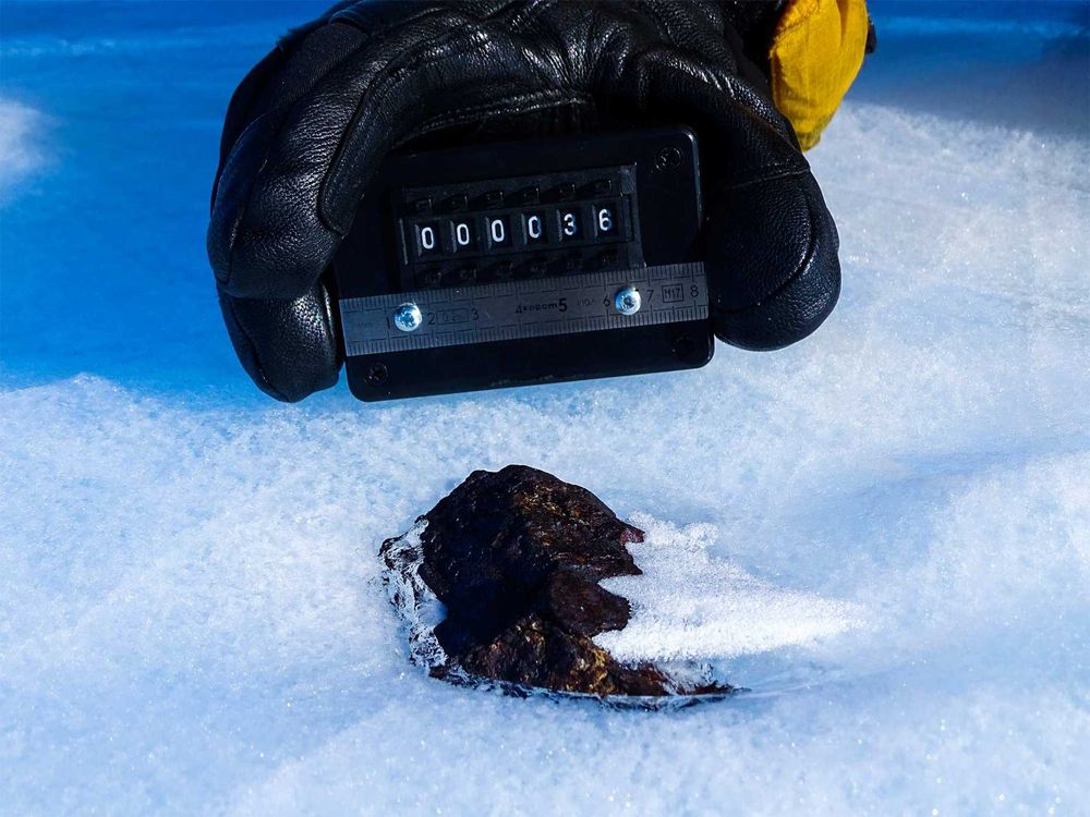 A close-up photograph of a black meteorite half-submerged in white snow and ice. A black and yellow gloved hand holds a small measuring device next to the rock.