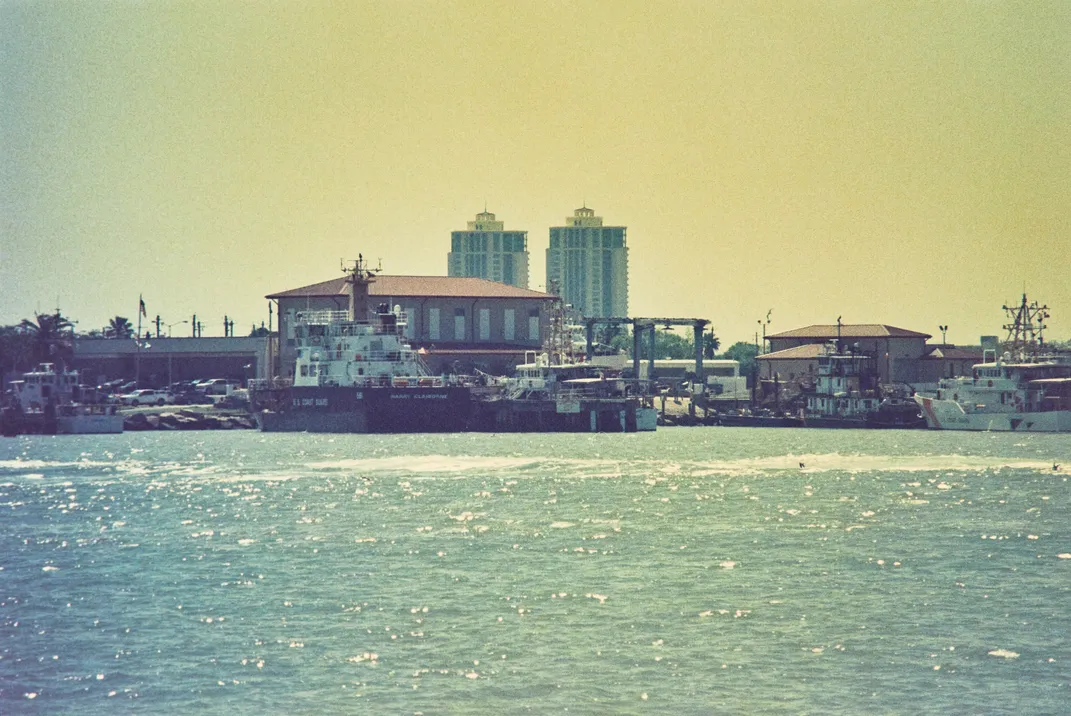 Boats dock near the U.S. Coast Guard building in Galveston