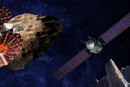 An artist’s conception of the Lucy spacecraft flying by the Trojan asteroid Eurybates (left) and Psyche, the first mission to a metal asteroid (right).