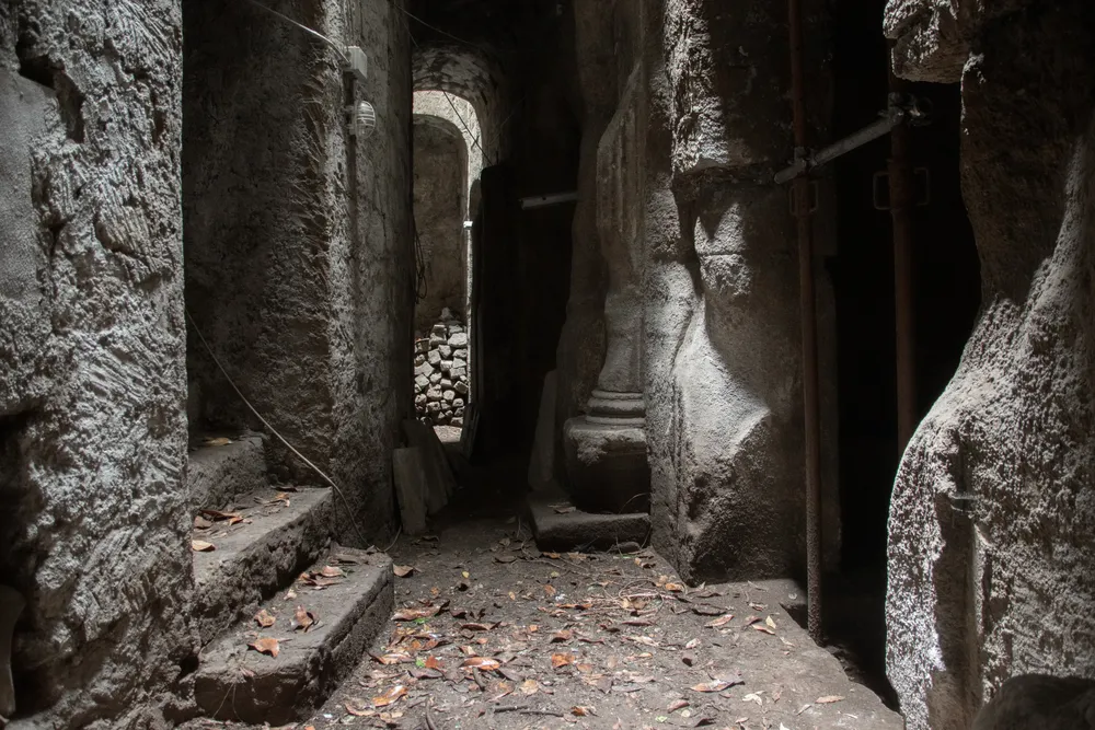 View of passageway in ancient Greek/Roman necropolis in Naples