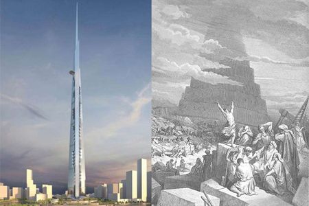 Left, the Kingdom Tower of Jeddah. Right, the Tower of Babel.