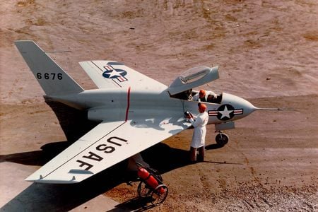 Technicians check out the first of two X-4s. It proved so unstable on its maiden flight, pilot Charles Tucker recalls he “got pretty drunk that night!”