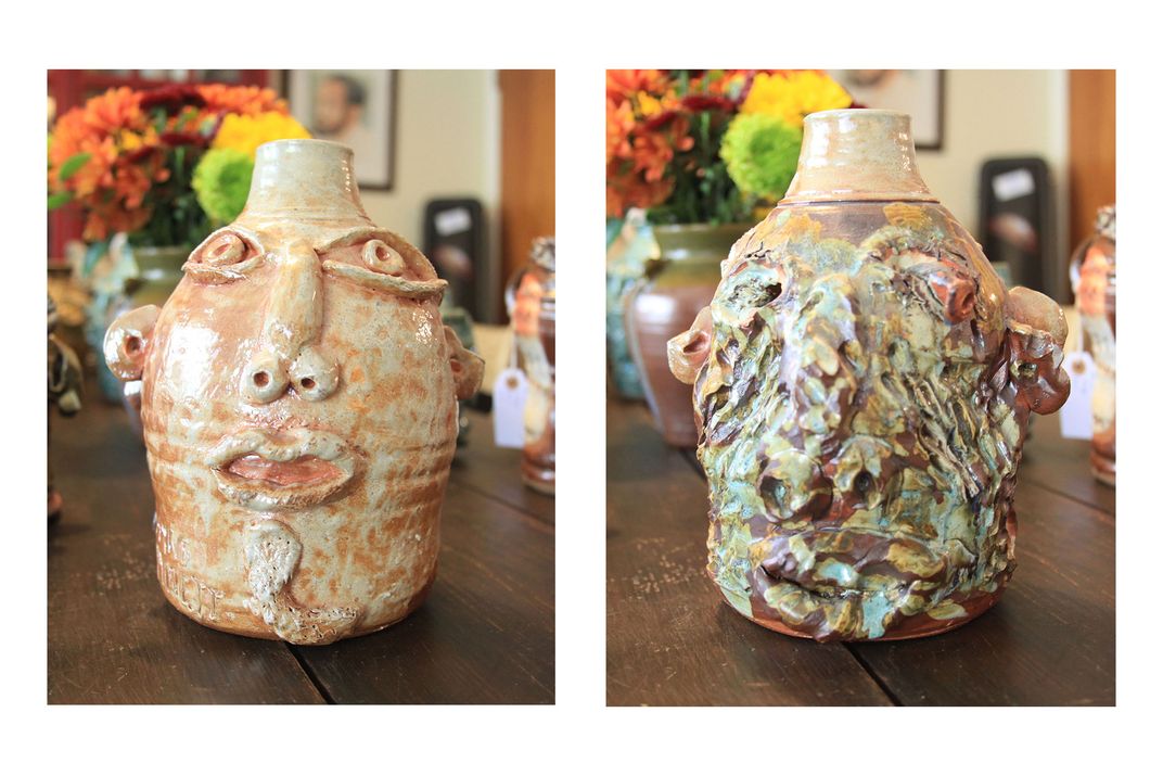 Right: Small ceramic jug shaped like a human face. Left: Reverse of the previous face jug, showing what may be a face, but it is so mangled with deep grooves, scratches, and discolorations that it's difficult to tell.