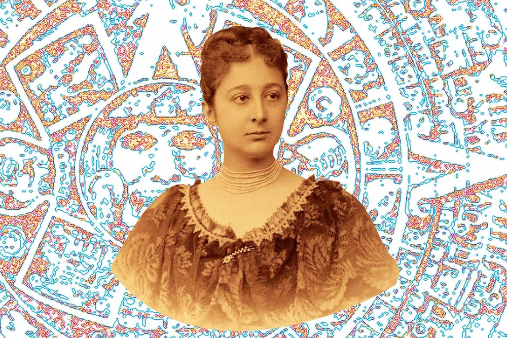 a photo montage of a woman and colorful Aztec engraving