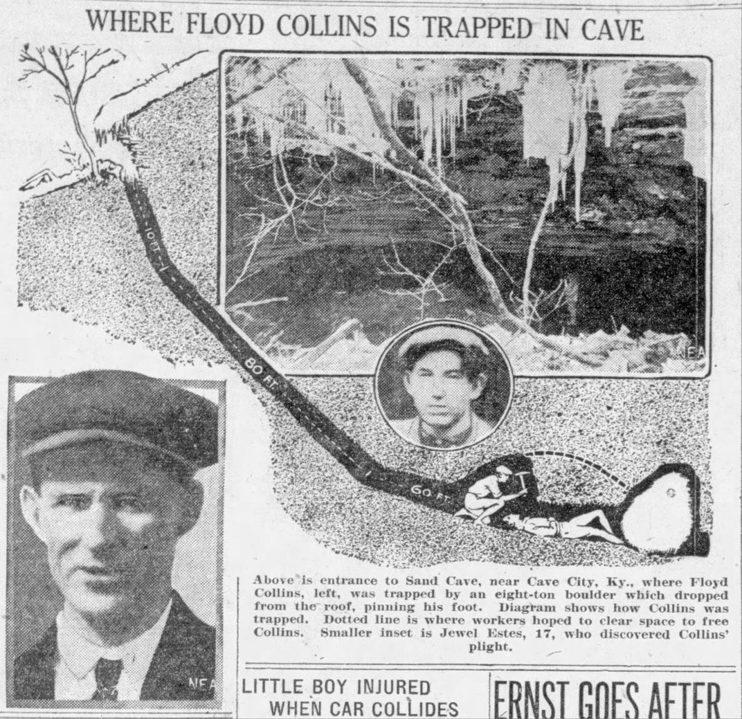 A February 6, 1925, newspaper article about Floyd Collins' predicament