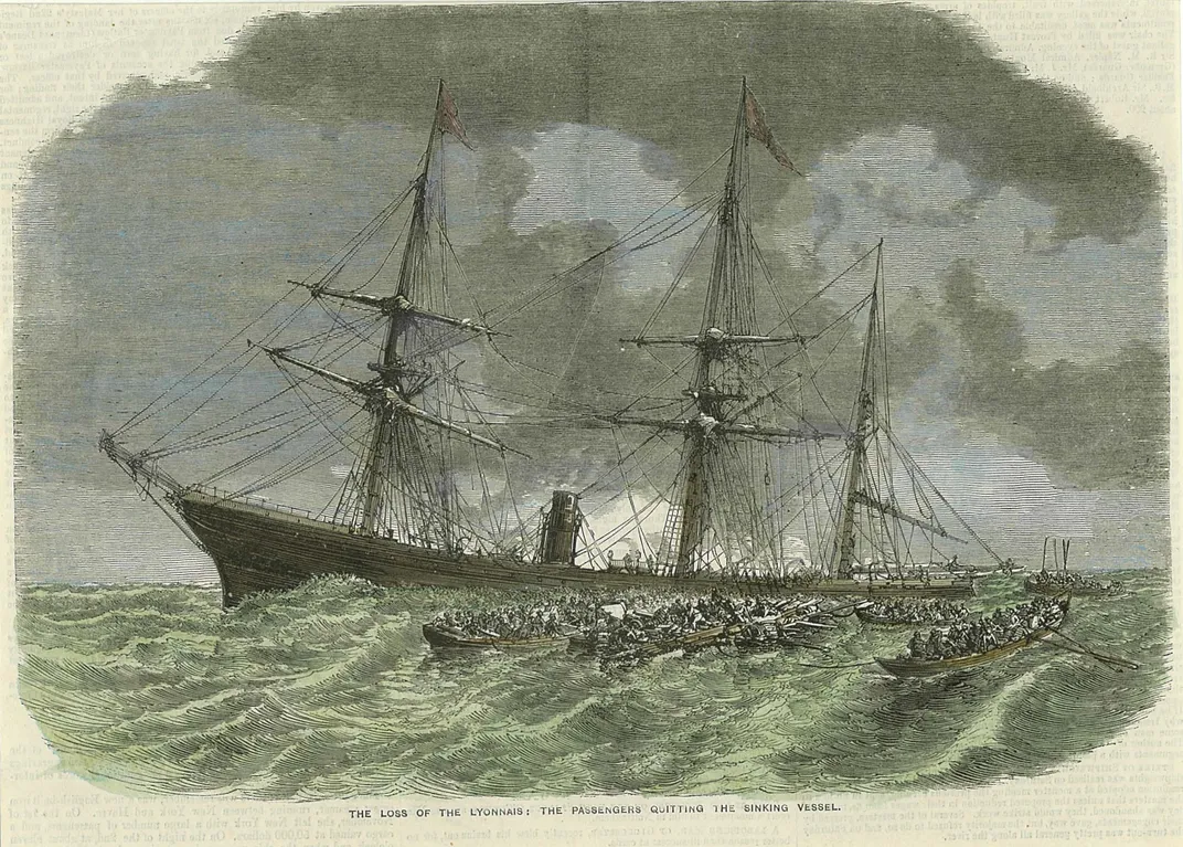 Historic illustration of a ship on choppy seas