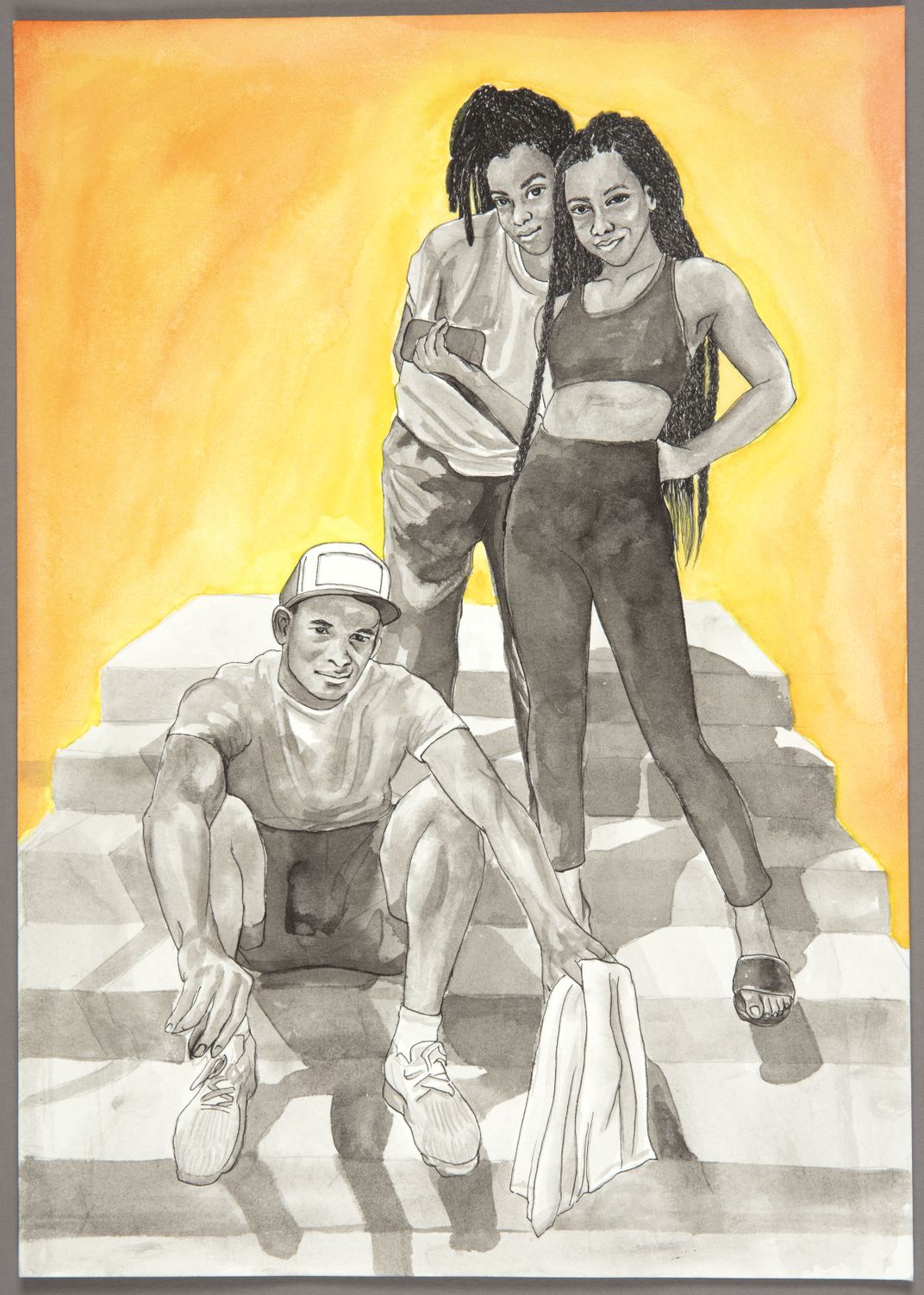 Artwork featuring grayscale group on a set of stairs, one seated boy and two standing girls, with a light orange background