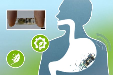 Researchers tested the battery in an RFID tag that can be rolled up in a capsule and swallowed. It can then transmit information about the digestive tract to a reader outside the body.
