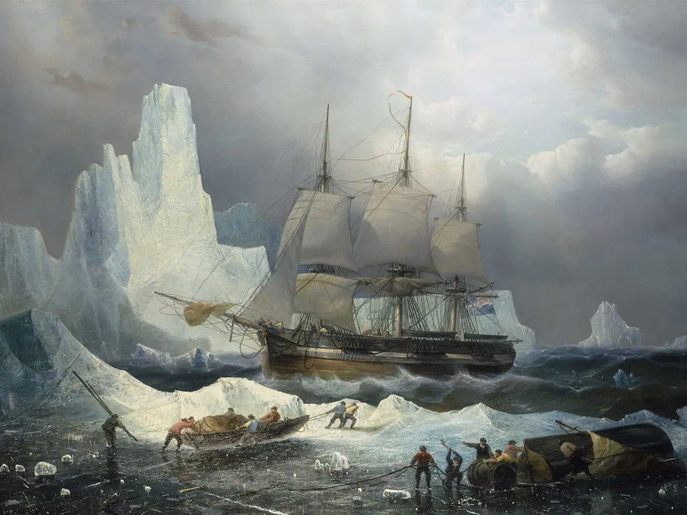 An artist's representation of HMS Erebus trapped in the ice in 1846