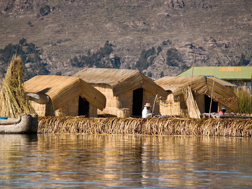 The floating island of Los Uros on Lake Titicaca