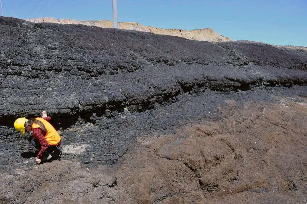 Person bending down to pick up samples at a coal reserve