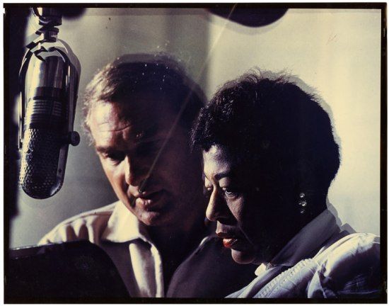 Norman Granz and Ella Fitzgerald at a microphone, 1950. (Ella Fitzerald Papers, NMAH Archives Center)