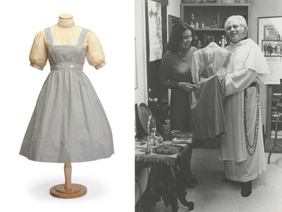 Left: Photo of the dress from a Bonhams auction listing. Right: Father Gilbert Hartke with the gifted garment