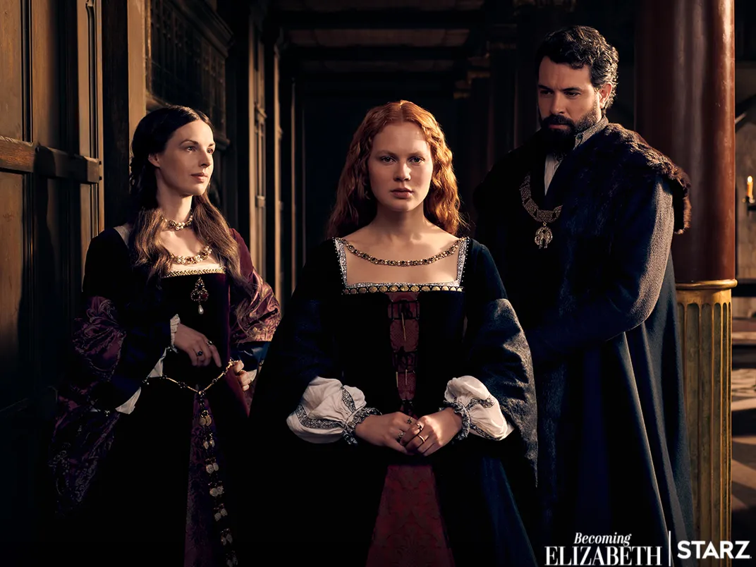 L to R: Jessica Raine, Alicia von Rittberg and Tom Cullen as Catherine Parr, Elizabeth I and Thomas Seymour