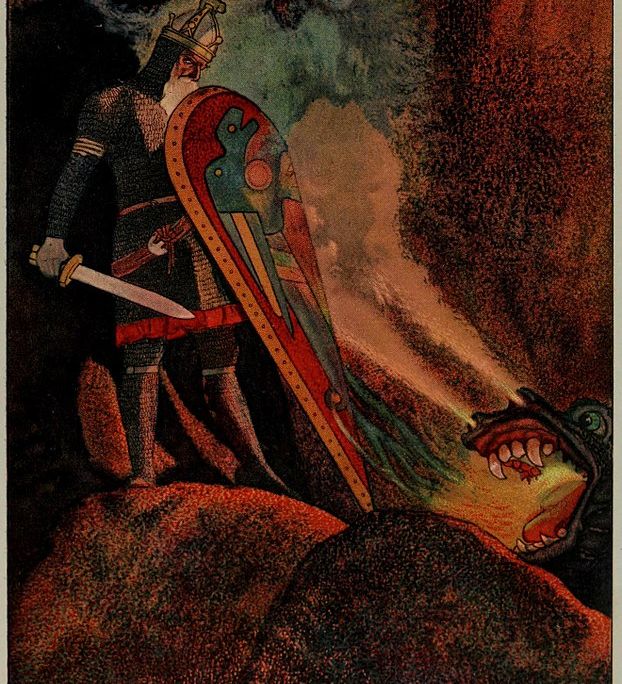 Beowulf face to face with fire-breathing dragon