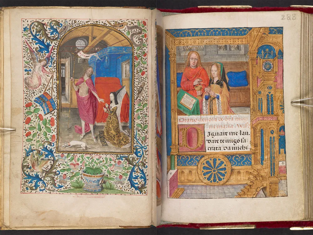 Left: Margaret of York kneeling before the resurrected Christ Right: a portrait of Joanna of Castle kneeling before an open book