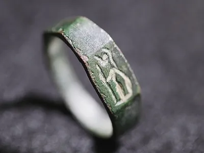 The Roman-era ring depicts the goddess Minerva, who is adorned with a shield, helmet and spear.