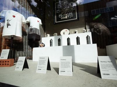 Merchandise inside Banksy&#39;s London pop-up, Gross Domestic Product,&nbsp;which the artist created in an attempt to hold onto his trademark during ongoing legal battles with the greeting card company Full Colour Black.