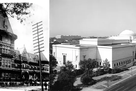 Left: Baltimore and Potomac Railroad Terminal, 6th Street & Constitution Avenue, Washington, D.C. Opened in 1873, demolished in 1908.
Right: View of the Constitution Avenue entrance, north side, of the National Gallery of Art.