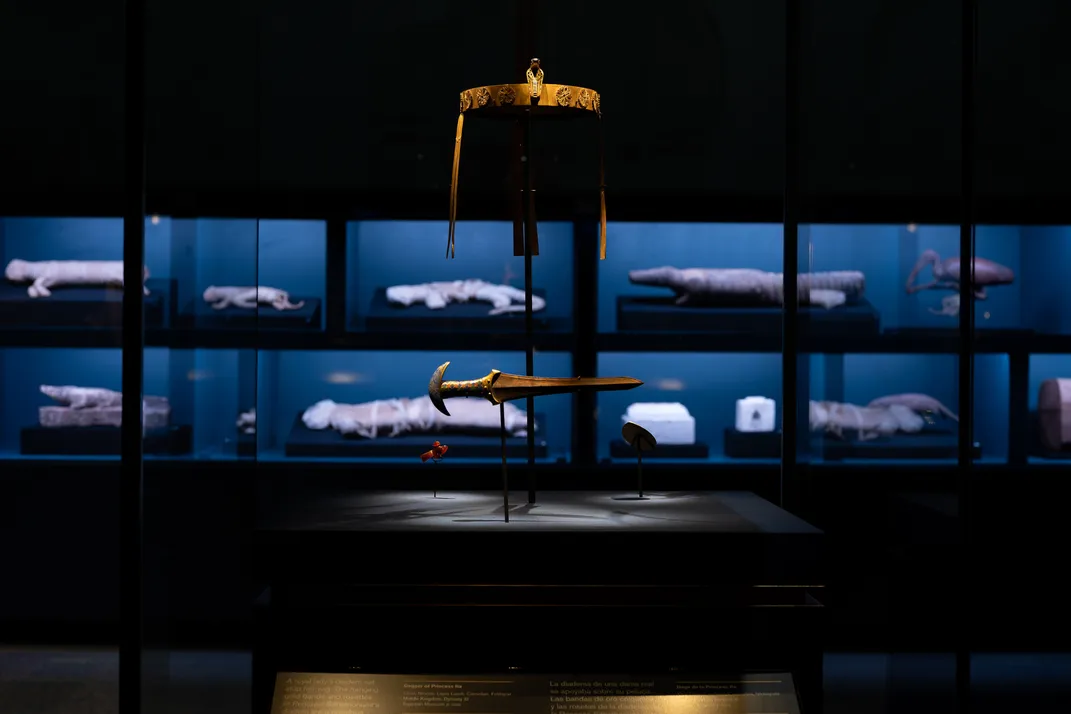 View of artifacts on display in a dark room