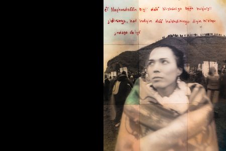 Standing Rock #2: Oil-pipeline protester Mychal Thompson in North Dakota, in November 2016. Her quote, in Navajo, reads, “To be of the people means you must have reverence and love for all of the resources and all of the beauties of this world.”