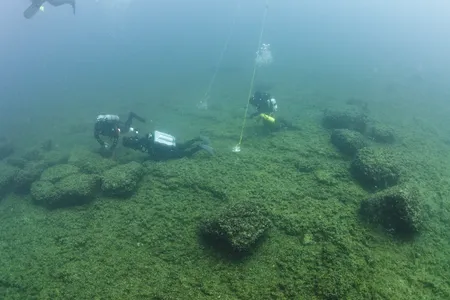Archaeologists collect samples from a prehistoric caribou hunting site on Alpena-Amberley Ridge in Lake Huron.