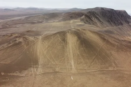 Lines from tire tracks can be seen running through historic geoglyphs in the&nbsp;Atacama Desert.