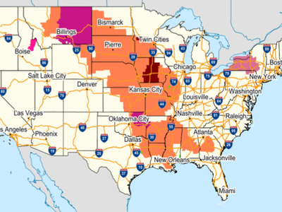 A map from NOAA showing parts of the country that are under heat advisory as of July 27 (orange), excessive heat watch (brown) and excessive heat warning (fuchsia). The shaded areas of the map with heat related advisories or warnings encompass more than 30 million people. 