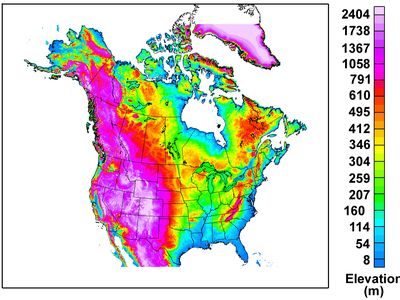 Topographic map of the U.S. and Canada.