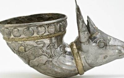 This gazelle-shaped wine horn, on view at the Sackler Gallery, was used to impress guests at elaborate Iranian feasts.