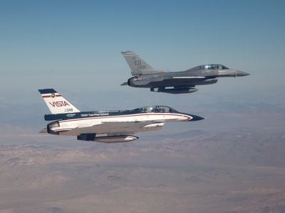An F-16 and its loyal VISTA wingman, pictured during Have Raider I.