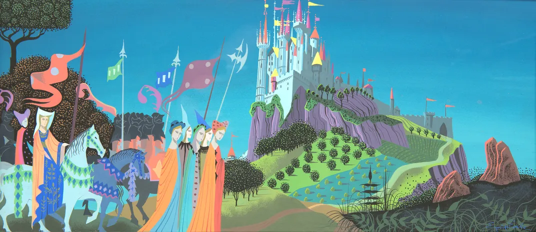 Colorful image of women walking towards a castle