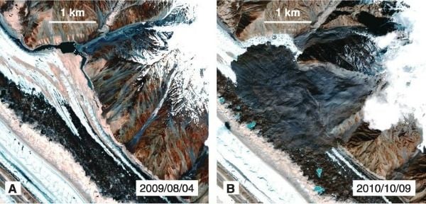 Pre- and post-views of landlsides that slid in 2010 on Siachen Glacier in northern Pakistan.