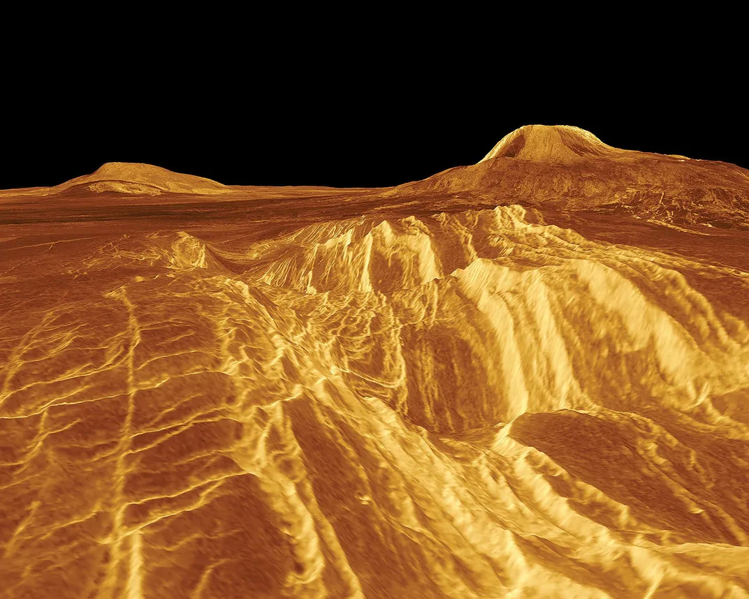 orange radar image of volcanoes on VEnus