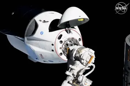 The SpaceX Crew Dragon spacecraft docked to the International Space Station. 