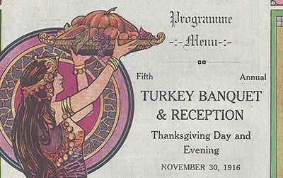 Beautiful art on the menu for Thanksgiving Day, 1916, at the Greyhound Inn.