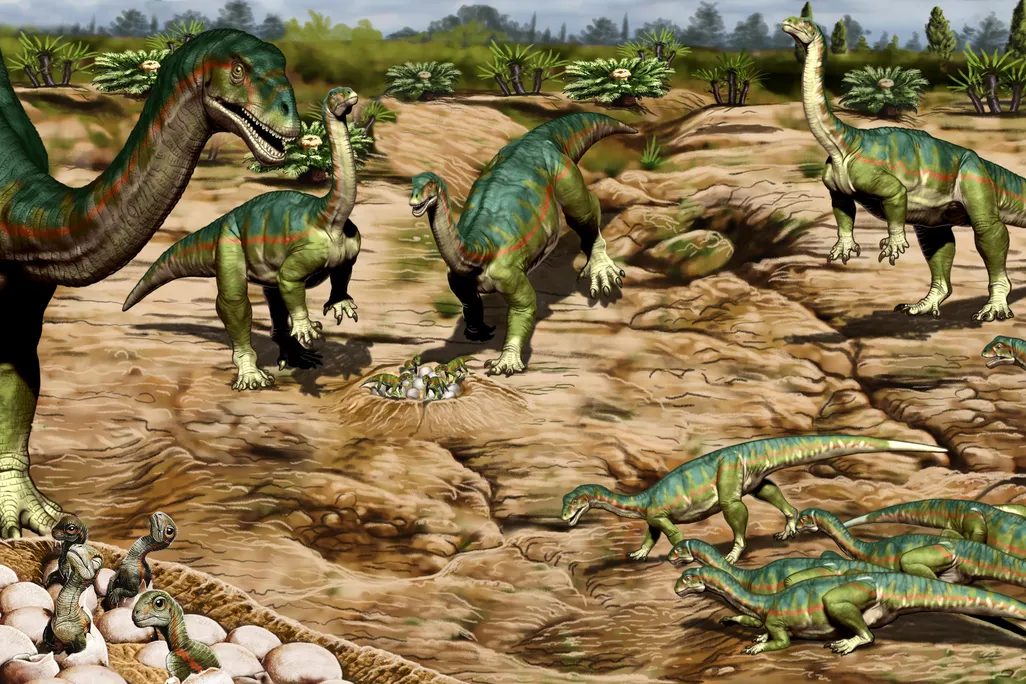 Artistic reconstruction of the breeding ground of a herd of Mussaurus patagonicus.